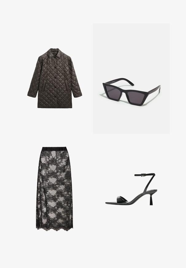 Gev quilted bruin buitenjack met een kraag, voor knoopsluiting, twee zijzakken en een losse pasvorm.; Zwart geribbelde coltrui, korte mouwen, slank ontwerp, zachte textuur, minimale naden en een hoge kraag.; Zwarte kanten rok met een golfrand, voorzien van een bloempatroon en een doorschijnende textuur. Elastische tailleband voor comfortabel draagcomfort.; Bershka Sandalen met hoge hak - black; Zwarte, hoekige zonnebril met grijze lenzen; gemaakt van plastic, met dikke armen met een gladde oppervlakte en zonder zichtbare hardware.
