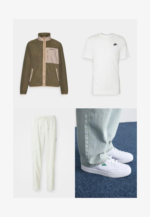 Olíva zöld polár dzseki bézs elülső panellel, cipzáros záródással, magas gallérral és fekete logóval a mellzseben; textúrált anyag.; Fehér pamut póló rövid ujjal, kerek nyakkivágással, és egy fekete Nike logóval a bal mellkas területén. Simás textúra és klasszikus fazon.; Fehér, slim fit szabású sportnadrág, elasztikus derékkal és húzózsinórral, oldalsó varrás részletekkel és egy kis fekete folttal a jobb lábon.; Fehér bőr sportcipők zöld Nike logóval, kerek orral, lapos talppal, világoskék farmernadrággal párosítva, kék szőnyegen bemutatva.