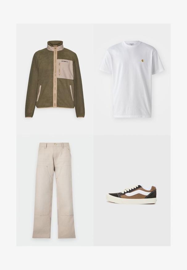 Oliven grønn fleecejakke med en beige frontpanel, glidelås lukking, høy krage, og svart logo på brystlommen; teksturert stoff.; Hvit bomull t-skjorte med korte ermer, rund hals, med en liten gulllogo på venstre brystområde. Myk tekstur og vanlig passform.; Beige bomullsbukser med rett ben-design, med to frontlommer og to glidelåsdetaljer. Gullsmykker fremhever.; Svarte og brune joggesko med hvite detaljer, lerretmateriale, lavt design, rund tå og beige gummisåle. Har kontrasterende sømmer.