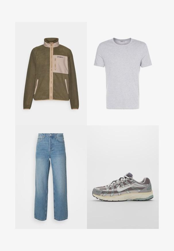 Oliwkowa polarowa kurtka z beżowym przednim panelem, zapięcie na zamek, wysoki kołnierz i czarne logo na kieszeni na piersi; fakturowany materiał.; Szara bawełniana koszulka z okrągłym dekoltem, krótkimi rękawami i gładkim wzorem, charakteryzująca się miękką, gładką fakturą oraz brakiem widocznych wzorów czy ozdób.; Jasnoniebieskie dżinsy z wysokim stanem, prostymi nogawkami, z przodem na guziki i pięcioma kieszeniami na jednolitym tle.; Szare buty sportowe z siateczkowym i zamszowym wierzchem, białymi akcentami, amortyzowaną podeszwą oraz charakterystycznym designem z elementami odblaskowymi.
