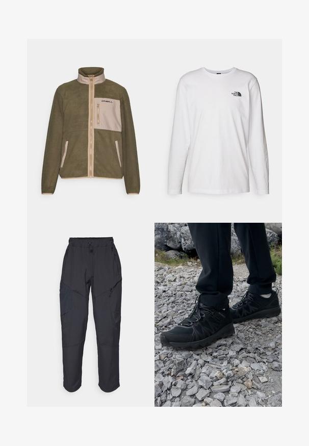 Olive green fleece jacket with a beige front panel, zip closure, high collar, and black logo on the chest pocket; textured fabric.; White long-sleeve T-shirt made of cotton with a crew neck. Features a small black logo on the chest. Smooth texture, regular fit.; Black cargo pants made from a lightweight, water-resistant material; features elastic waistband, multiple zippered pockets, and tapered legs.; Black outdoor shoes with mesh and synthetic material, featuring a textured upper, secured lacing system, and a rugged outsole, on rocky terrain.