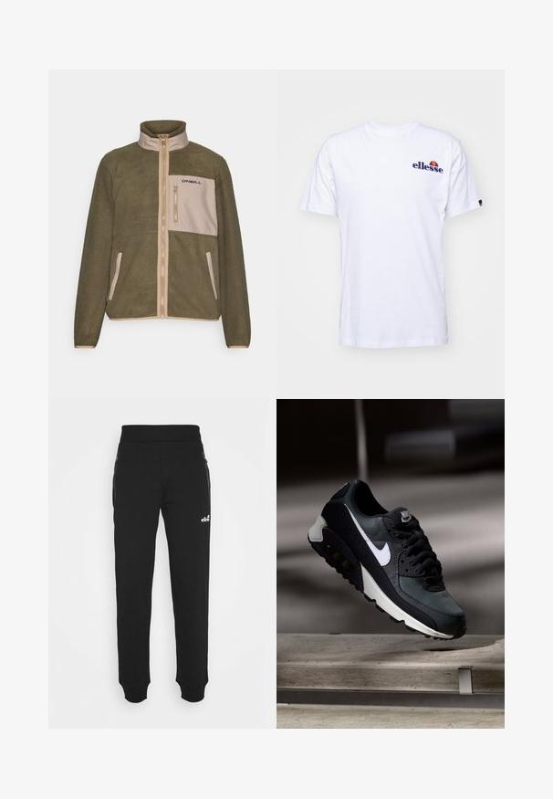 Olivengrøn fleecetrøje med en beige frontpanel, lynlåslukning, høj krave og sort logo på brystlommen; struktureret stof.; Hvid bomulds t-shirt med korte ærmer, prydet med et marineblåt broderet logo på venstre bryst og en farverig accent over logoet.; Sorte sweatpants lavet af blødt stof har en tapered ben-design, elastisk talje, sidelommer med lynlås og et lille logo accenter.; Sort og grøn sneaker med et mønstret mesh-overdel, hvid swoosh-logo, polstret krave og en synlig luftdæmpningsenhed i sålen.