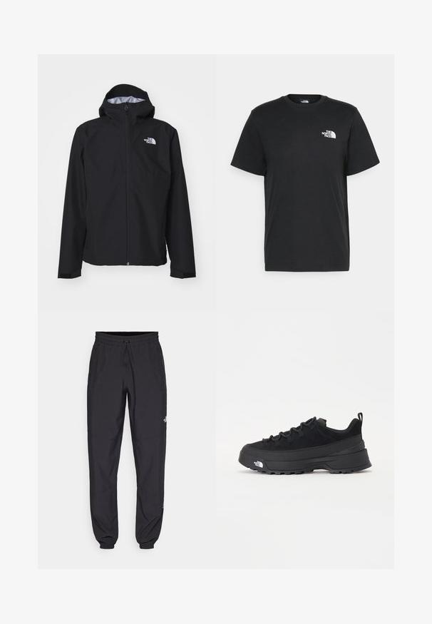 Black waterproof jacket with a hood, full-length front zipper, and elastic cuffs. Features a logo on the upper left chest area.; Black cotton t-shirt with short sleeves, crew neck, and a small white logo on the left chest. Simple design, smooth texture, and relaxed fit.; Black athletic pants made from lightweight fabric, featuring a drawstring waistband, side pockets, and tapered cuffs at the ankles.; Black outdoor sneaker with a suede upper, textured rubber sole, and sturdy lacing system. Features a reinforced heel and brand logo on the side.