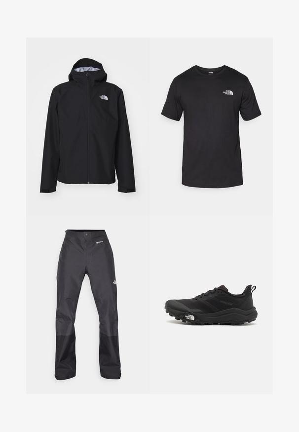 Μαύρο αδιάβροχο μπουφάν με κουκούλα, πλήρες μπροστινό φερμουάρ και ελαστικούς καρπούς. Διαθέτει λογότυπο στην επάνω αριστερή περιοχή του στήθους.; Μαύρη κοντομάνικη μπλούζα φτιαγμένη από βαμβάκι, με στρογγυλή λαιμόκοψη και μικρό λευκό λογότυπο στην άνω αριστερή περιοχή του στήθους.; Μαύρα αδιάβροχα παντελόνια με απλή υφή, που διαθέτουν λογότυπο GORE-TEX στο μπροστινό μέρος και ενισχυμένα κάτω μέρη για αυξημένη αντοχή.; Μαύρο αθλητικό παπούτσι τρεξίματος με υφασμάτινο άνω μέρος, καουτσούκ σόλα και ενισχυμένη μύτη. Διαθέτει επενδεδυμένο κολάρο και θηλιά στα πίσω για εύκολη φορεσιά.