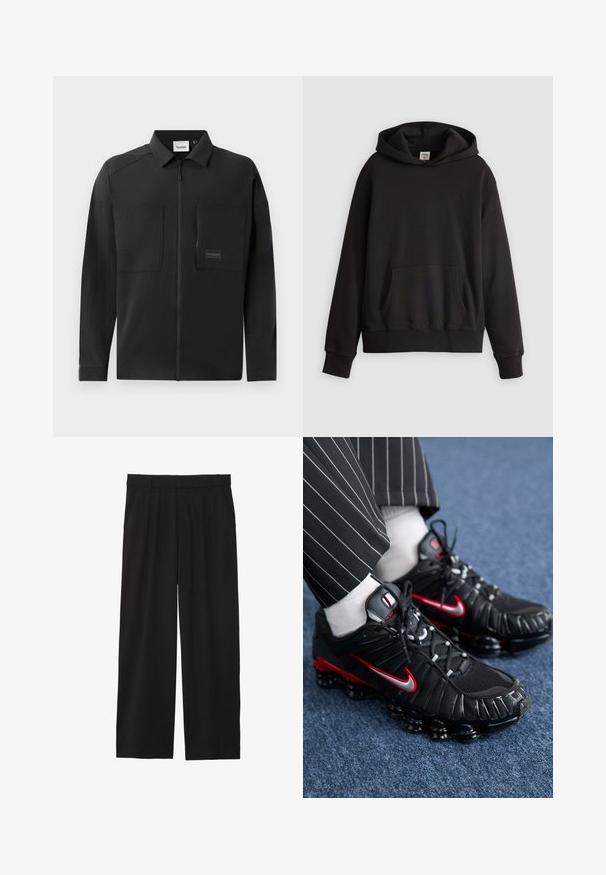 Must jacket, mille kerge, lukuga ees, kahe suure rinnataskuga, kraega ning diskreetse brändimisega ristkülikukujulisel sildil. Sile tekstuur.; Mustra mustar must räätsine ilmu esikott ja diskreetne logo tikand rinnal, esitletud heledal tasapinnal.; Mustad laiad püksid pleediga esiosas, küljetaskud ja sile kangas. Disainitud mugavaks istuvuseks.; Mustad mustree jalatsid punaste ja hõbedaste detailidega, võrkmaterjalist ja tekstuursete sünteetiliste materjalidega, nööridega disain ja nähtav pehmendus talla.