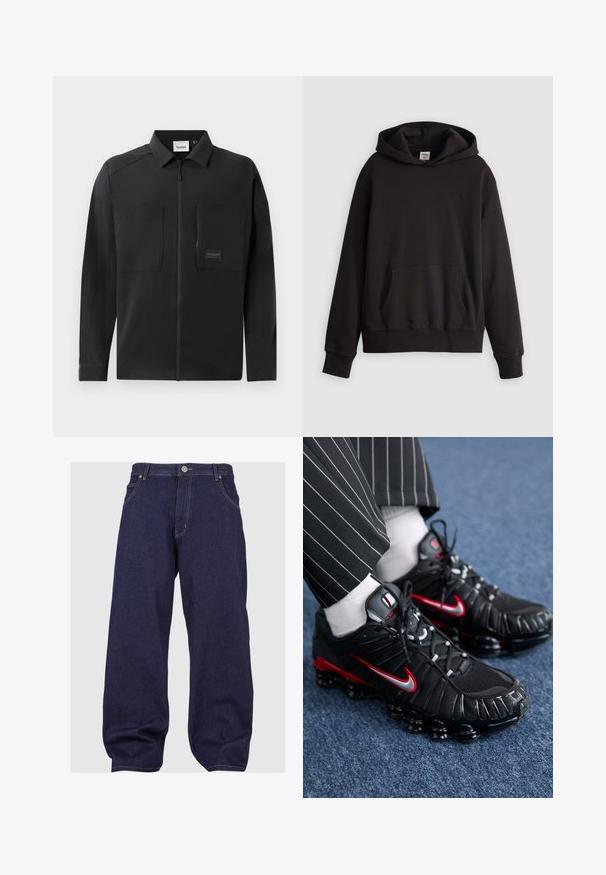 Svart lättvikt jacka med dragkedja fram, två stora bröstfickor, krage och diskret logotyp på en rektangulär patch. Slät textur.; Svart Levi's hoodie med ficka fram och subtil logo broderad på bröstet, visad mot en neutral ljus bakgrund.; Mörkblå denimjeans med en avslappnad passform, med knäppning fram, fem fickor och kontrasterande sömmar längs sömmarna.; Svarta träning skor med röda och silverfärgade detaljer, mesh och strukturerade syntetiska material, snördesign och synlig dämpad sula.