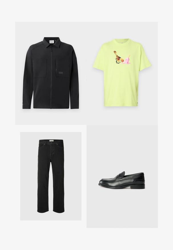 Čierna ľahká bunda s predným zipsom, dvoma veľkými vreckami na hrudi, golierom a nenápadným brandingom na obdĺžnikovom passe. Hladká textura.; Limetkovo zelené bavlnené tričko s grafikou vtáka a ružového zmrzlinového kónusu, so jednoduchým okrúhlym výstrihom a krátkymi rukávmi.; Čierne džínsové nohavice so rovnými nohavicami majú klasický dizajn s piatimi vreckami, zapínaním na gombík, minimálnym prešívaním a jemnou textúrou.; Čierne kožené loafers s hladkým povrchom, prešívaním cez vampus a mierne vyvýšeným podpätkom.