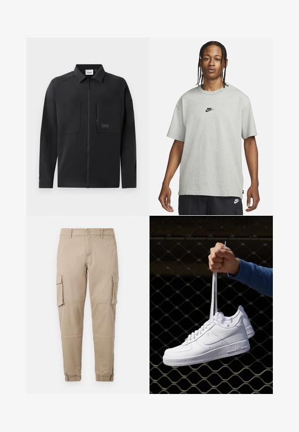 Casaco leve preto com fecho frontal, dois grandes bolsos no peito, colarinho e uma marcação discreta em um retângulo. Textura suave.; Pessoa jovem com cabelo trançado a usar uma camiseta Nike cinza claro e calções Nike pretos em fundo branco liso.; Calças cargo bege em um material de algodão leve. Apresenta punhos elásticos, múltiplos bolsos laterais e um fecho de botão.; Sapatilhas de couro branco com perfurações, biqueira redonda, sola plana e atacadores grossos, apresentando um logotipo swoosh visível e "AIR" no calcanhar.