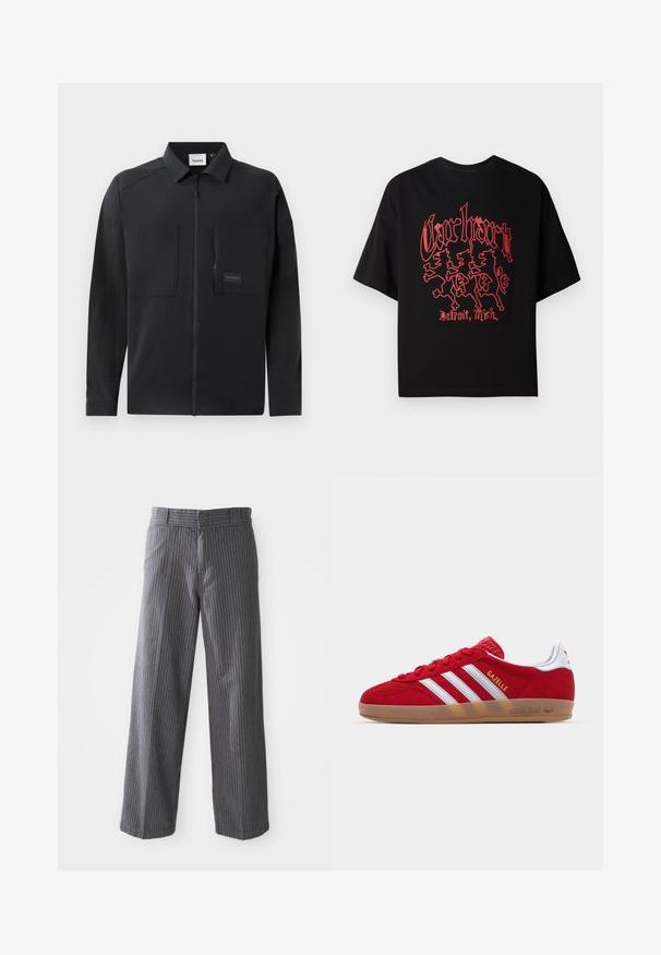 Casaco leve preto com fecho frontal, dois grandes bolsos no peito, colarinho e uma marcação discreta em um retângulo. Textura suave.; T-shirt preta de manga curta feita de algodão, com um gráfico vermelho audacioso apresentando três figuras de leões e o texto "Carhartt, Detroit, Mich."; Calças largas cinzentas com riscas, com passadores para cinto, frente lisa e bainhas retas, apresentadas contra um fundo branco.; Sapatilha de camurça vermelha com design de três riscas brancas e texto "Gazelle" em dourado. Apresenta uma sola de borracha e um calcanhar texturizado.