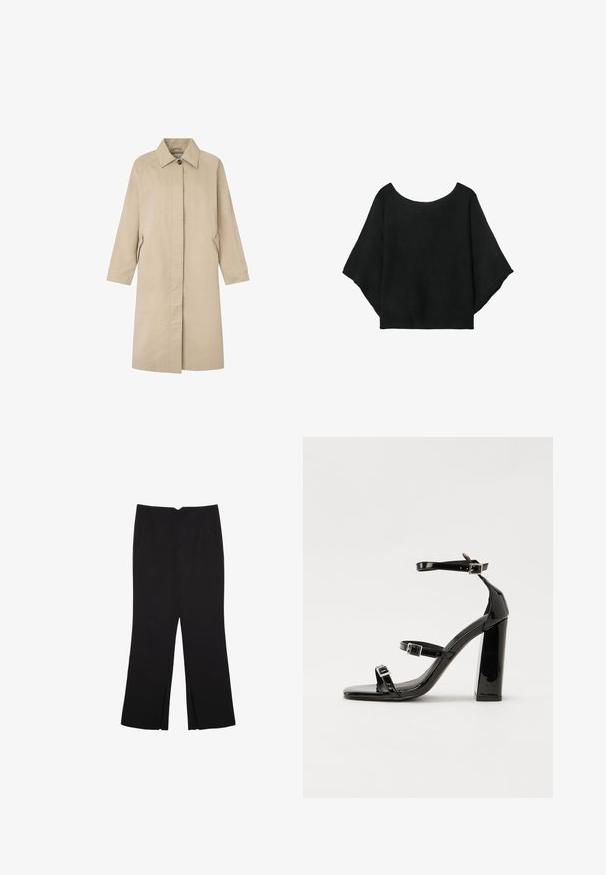 Ljus beige kappa med rak silhuett, minimalistisk design, spetsig krage, långa ärmar och sidofickor. Tillverkad av mjukt tyg.; Svart stickad topp med vida ärmar, rundad halsringning och avslappnad passform. Tyget har en ribbad textur, utan knappar eller mönster.; Svarta byxor med rak passform, utrustade med framfickor och sidoklyvningar vid fållen. Tillverkade av mjukt, slätt tyg. Lämpliga för olika tillfällen.; Svarta lackerade högklackade sandaler med två spännband, fyrkantig tå och en tjock klack, med en slät och glansig yta.