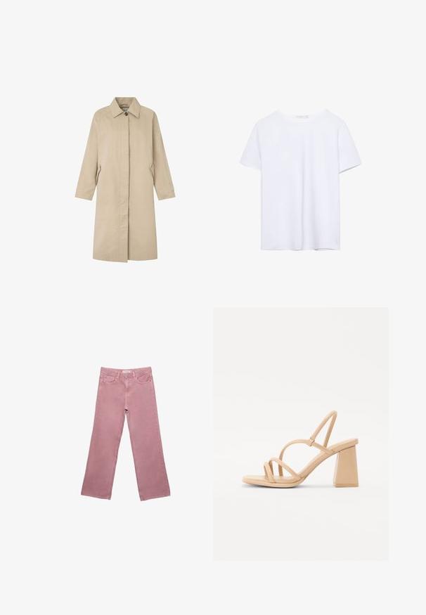 Svijetlosmeđi kaput s ravnom siluetom, minimalističkog dizajna, šiljastim kragnom, dugim rukavima i bočnim džepovima. Izrađen od glatkog materijala.; Čista bela majica s kratkimi rokavi in okroglim ovratnikom, z ravnim robom, prikazana na beli podlagi.; Roza široka jeans hlače iz denima, z visokim pasom, sprednjimi žepi in subtilnimi šivi. Gladka tekstura brez vzorcev.; Nude visoke sandale s kvadratnom blok petom, tankim trakama i glatkom, sjajnom završnom obradom. Jednostavan dizajn s trakastim gornjim dijelom.