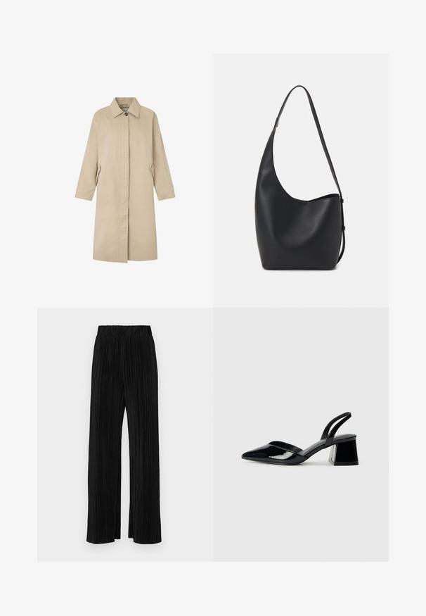 Lichtbeige jas met een rechte silhouet, minimalistisch ontwerp, puntige kraag, lange mouwen en zijzakken. Gemaakt van gladde stof.; Set van twee longsleeve tops in wit en zwart. Geribbelde textuur, ronde hals, aansluitend ontwerp met licht uitlopende mouwen.; Zwarte geplooide broek met een elastische tailleband. Beschikt over wijde pijpen en een glad, gestructureerd stof met verticale strepen.; Zwarte gepatineerde leren slingback hakken met een spitse neus en een geometrische blokhak. Kenmerkt zich door een slank, minimalistisch ontwerp en een gladde textuur.; Zwarte leren hobo tas met een gladde textuur, kromme vorm en een enkele verstelbare schouderband; heeft een brede opening aan de bovenkant.