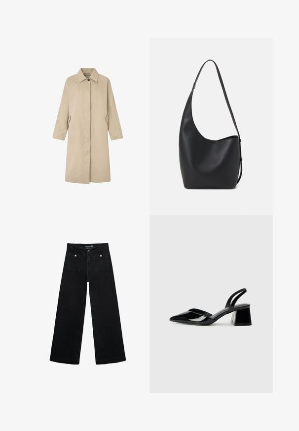 Svijetlosmeđi kaput s ravnim siluetom, minimalističkog dizajna, šiljastim kragnom, dugim rukavima i bočnim džepovima. Izrađen od glatke tkanine.; Crna pamučna majica s kratkim rukavima, s malim grafičkim prikazom ružičaste vjetricaste s desne strane na prsima. Dizajn s okruglim izrezom i opuštenim krojem.; Crne široke traperice s visokim strukom, koje imaju dva prednja džepa i metalne gumbe kao ukrase. Tkanina ima glatku teksturu.; Crne lakirane kožne sandale s otvorenom petom i špicastim vrhom, s geometrijskom blok petom. Imaju elegantan, minimalistički dizajn i glatku teksturu.; Crna kožna hobo torba s glatkom teksturom, zakrivljenim oblikom i jednom podesivom trakicom; ima širok otvor na vrhu.