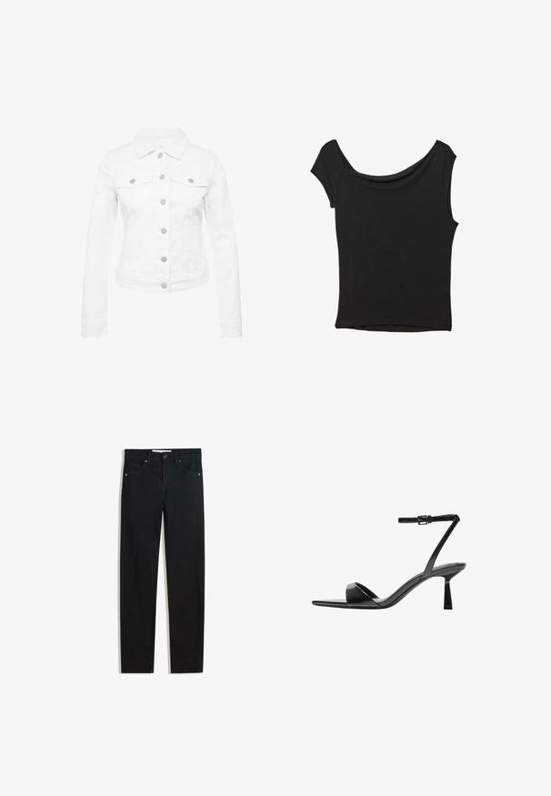 Witte spijkerjasje met een getailleerd ontwerp, lange mouwen, een kraag en twee borstzakken. Voorzien van zilverkleurige knopen en een textuurstof.; Zwart korte mouwen top gemaakt van een gladde stof; met een gedrapeerde halslijn en een asymmetrische zoom, met een getailleerd lijfje.; Zwarte denimbroek met een recht silhouet, vijf zakken, metalen knoopsluiting en subtiele stikdetails. Gladde textuur.; Bershka Sandalen met hoge hak - black