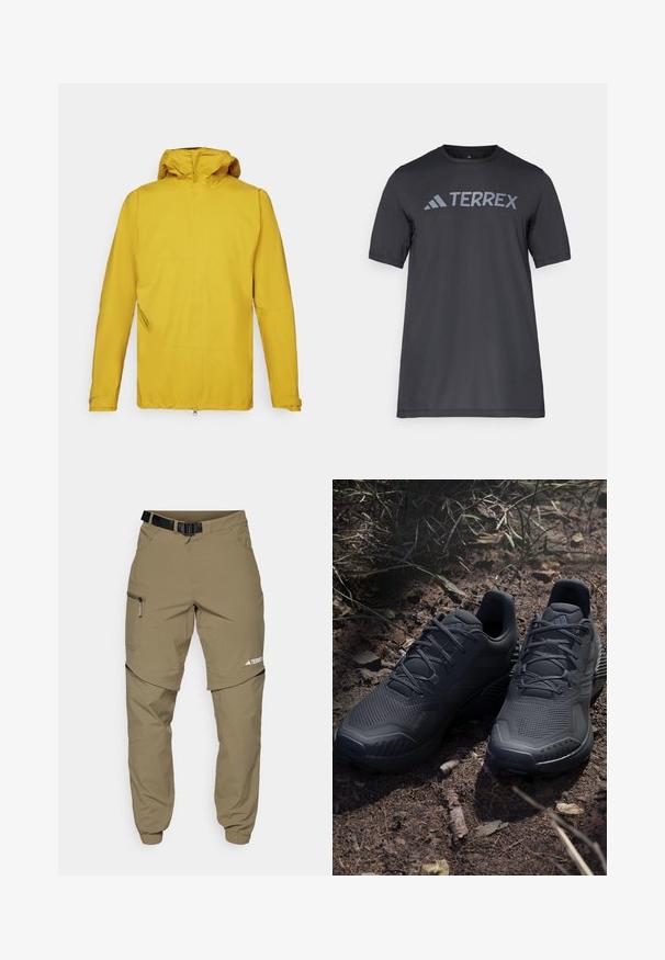 Veste imperméable jaune avec capuche, dotée de manches longues, d'une fermeture éclair à l'avant et d'une poche latérale inclinée pour le rangement. Texture lisse.; T-shirt noir à manches courtes en tissu léger, arborant un logo « TERREX » gris clair sur la poitrine et un col rond.; Pantalons d'extérieur kaki avec une ceinture noire ajustable, des poches zippées, des poignets fuselés et des jambes inférieures détachables pour un style polyvalent.; Chaussures de sport noires avec une tige en tricot texturé, un embout renforcé et une semelle rembourrée, exposées sur un sol argileux parsemé de brindilles.