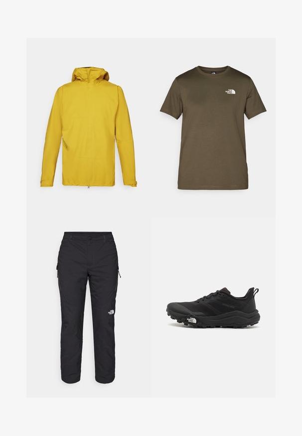 Gul vanntett jakke med hette, med lange ermer, frontglidelås og en skrå sidelomme for oppbevaring. Glatt tekstur.; Oliven grønn bomull t-skjorte med korte ermer, rund hals, og en hvit logo på venstre bryst. Glatt tekstur, normal passform.; The North Face WINTER EXPLORATION TAPERED CARGO - Friluftsbukser - black; Svart terrengløpesko med teksturert overdel, gummisåle og forsterket tåhette. Har polstret krage og løftestropp for enkel påkledning.