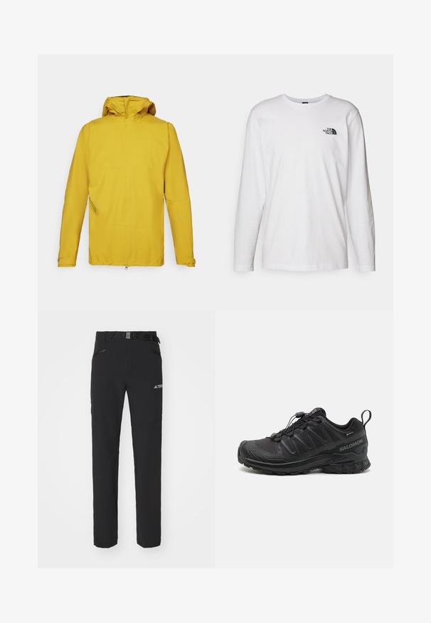 Gul vandtæt jakke med hætte, der har lange ærmer, en frontlynlås og en skrå sidelomme til opbevaring. Glat tekstur.; Hvid langærmet T-shirt lavet af bomuld med rund hals. Har et lille sort logo på brystet. Glat tekstur, almindelig pasform.; Sorte udendørsbukser med glat stof, sidelommer med lynlås, forstærkede knæsektioner og en justerbar talje med spænde.; Sort atletik sko med en struktureret syntetisk overdel, polstret sål og et hurtiglukkesystem. Har forstærket tå og hæl.