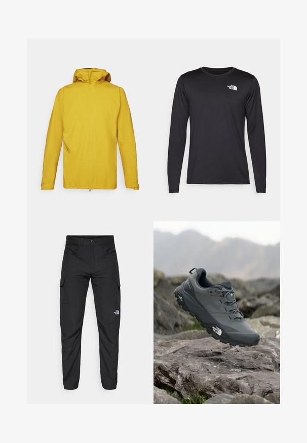 Yellow waterproof jacket with a hood, featuring long sleeves, a front zipper, and an angled side pocket for storage. Smooth texture.; Long-sleeved black performance t-shirt made of lightweight fabric, featuring a white logo on the upper left chest. Smooth texture.; The North Face HORIZON PANT - Outdoor trousers - black; Grey trail running shoe with a textured upper, durable rubber sole, and reinforced toe cap. Features laces and brand logo on the side.