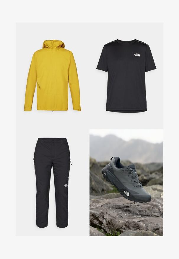 Keltainen vedenpitävä takki hupulla, jossa on pitkät hihat, etuvetoketju ja viistopankkoi, joka tarjoaa tilaa säilytykseen. Sileä rakenne.; Mustapaita lyhyillä hihoilla, joka on valmistettu kevyestä kankaasta. Siinä on pieni valkoinen logo vasemmassa rinnassa ja huomaamattomia olkakoristeita.; The North Face WINTER EXPLORATION TAPERED CARGO  - Ulkohousut - black; Harmaa polkujuoksukenkä, jossa on teksturoitu päällinen, kestävä kumipohja ja vahvistettu varvastoppa. Varustettu nauhoilla ja brändin logolla sivussa.