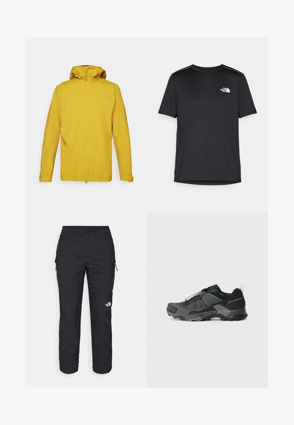 Žlutá nepromokavá bunda s kapucí, s dlouhými rukávy, předním zipem a šikmou boční kapsou pro uložení. Hladký povrch.; Černé tričko s krátkým rukávem vyrobené z lehkého materiálu. Má malé bílé logo na levé části hrudi a decentní akcenty na ramenech.; The North Face WINTER EXPLORATION TAPERED CARGO - Outdoorové kalhoty - black; Černá trailová běžecká bota s odolným síťovaným svrškem, vyztuženou špičkou, texturovanou gumovou podrážkou a elastickým šněrovacím systémem pro bezpečné uchycení.