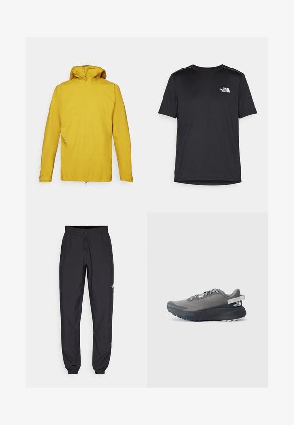 Giacca impermeabile gialla con cappuccio, presenta maniche lunghe, una zip frontale e una tasca laterale obliqua per riporre oggetti. Texture liscia.; T-shirt nero a maniche corte realizzata in tessuto leggero. Presenta un piccolo logo bianco sul lato sinistro del petto e delicati dettagli sulle spalle.; Pantaloni sportivi neri realizzati in tessuto leggero, con vita regolabile con cordino, tasche laterali e orli affusolati alle caviglie.; Scarpa da corsa grigia con tomaia texturizzata, lacci piatti, suola robusta e una linguetta sul tallone con branding. Dettagli in tonalità di grigio più scure.