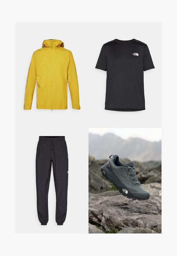 Veste imperméable jaune avec capuche, dotée de manches longues, d'une fermeture éclair à l'avant et d'une poche latérale inclinée pour le rangement. Texture lisse.; T-shirt noir à manches courtes en tissu léger. Présente un petit logo blanc sur la poitrine gauche et des accents subtils aux épaules.; Pantalon de sport noir en tissu léger, avec une taille à cordon, des poches latérales et des chevilles resserrées.; Chaussure de trail running grise avec un dessus texturé, semelle en caoutchouc durable et chaussure renforcée à l'avant. Comprend des lacets et un logo de la marque sur le côté.