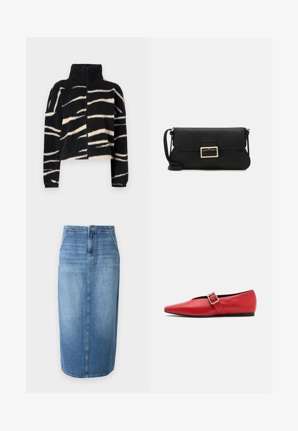 Fekete és krémszínű, bolyhos, cipzáras dzseki magas gallérral; merész, hullámos csíkokból álló mintával és bordázott mandzsettákkal rendelkezik. Puha tapintású.; JDY JDYDINEA REVERSIBLE - Pulóver - fern; Világoskék farmer ceruza szoknya egyenes szabással, elöl gombos záródással és enyhe fakulással. A szoknya szegélye éppen térd felett végződik.; Piros bőr lapostalpú cipő, hegyes orral, oldalsó pánttal és fémből készült csattal, alacsony fekete sarokkal. Sima textúra az egész cipőn.; Fekete bőr kézitáska hajtóka részlettel és aranyszínű fém csattal. Tartalmaz egy fekete pántot és egy letisztult, minimális dizájnt.