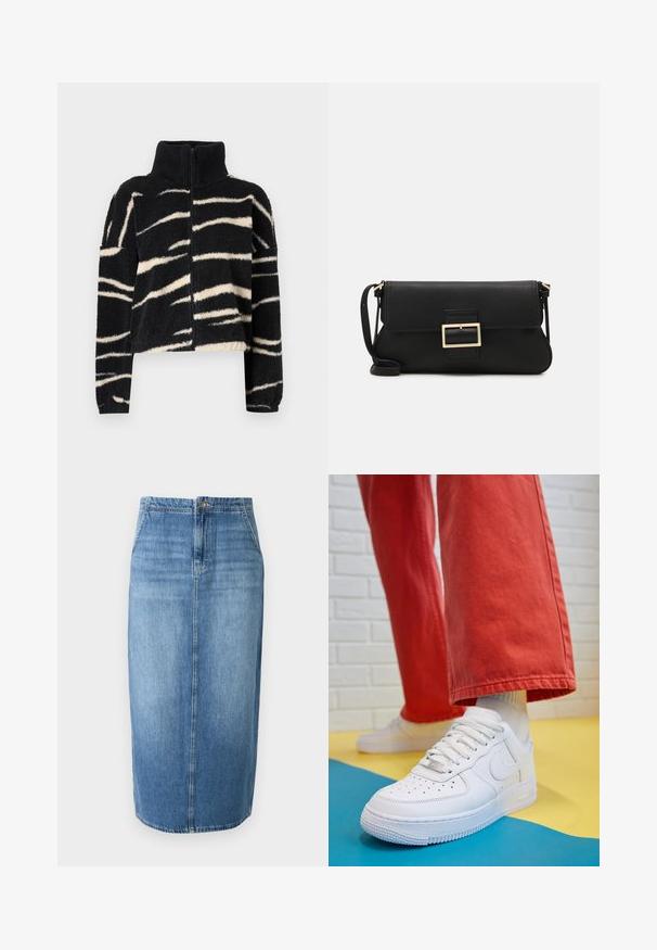 Mustavalkoinen, pörröinen vetoketjullinen takki korkealla kauluksella; siinä on rohkea, aaltoileva raidoitus ja ribbaatut hihansuut. Pehmeä rakenne.; JDY JDYDINEA REVERSIBLE - Neule - fern; Vaaleansininen farkuhame, joka on suorassa leikkauksessa, etupainonappikiinnitys ja hienovarainen haalistuminen. Helma on hieman polven yläpuolella.; Valkoinen nahkakengät, joissa on rei'itetty varvasosa, teksturoitu pohja ja valkoiset nauhat, yhdistettynä leveisiin punaisiin housuihin ja sinikeltaiseen taustaan.; Musta nahkainen kynäpenkkilaukku, jossa on läppä ja kultainen metallinen solkiyksityiskohta. Mukana musta hihna ja tyylikäs, minimalistinen muotoilu.