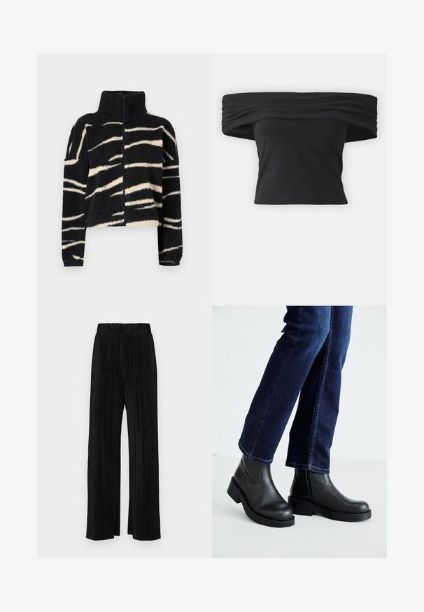 Schwarz-weiße, flauschige Zipjacke mit hohem Kragen; hat ein Muster aus kräftigen, gewellten Streifen und gerippten Bündchen. Weicher Stoff.; Schwarzes Off-Shoulder-Oberteil mit geraffter Textur am Ausschnitt, kurzen Ärmeln und einem figurnahen, cropped Design. Hergestellt aus dehnbarem Material.; Schwarze plissierte Hose mit elastischem Bund. Verfügt über weite Hosenbeine und einen glatten, strukturierten Stoff mit vertikalen Streifen.; Schwarze Lederstiefeletten mit einer dicken Sohle und seitlichen Elastikeinsätzen, kombiniert mit dunkelblauen Jeans. Der Boden ist hellfarbig.