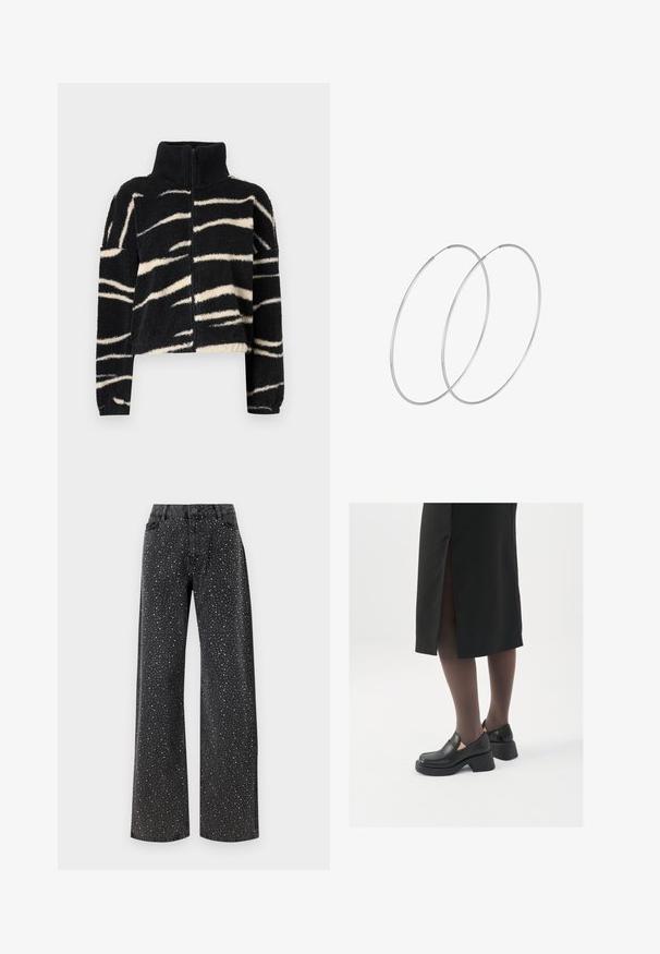 Mustmust valge ja kreemjas, karvane lukuga jakk, millel on kõrge krae; sellel on julged, lainelised triibud ja soonikkoes mansetid. Pehme tekstuur.; Musternahkade pikkade varrukatega must bodi, millel on läbipaistev V-kujuline kaelus ja korraldatud õlavarre detail. Sile kangas, millel on vormiv kujundus.; Noisy May NMJANNEL LOOSE - Avar lõikega teksad - black denim; Mustad mustad jalatsid ümmarguse varbaga, paksu plokkniidi ja elastsete külgdetailidega, kombineeritud tumedate sukkade ja musta lõhikuga seelikuga.; Hõbedased rõngastikkaehingad minimalistlikus disainis. Ümar kuju, sile tekstuur ja õhuke profiil. Kerged ning poleeritud viimistlusega.