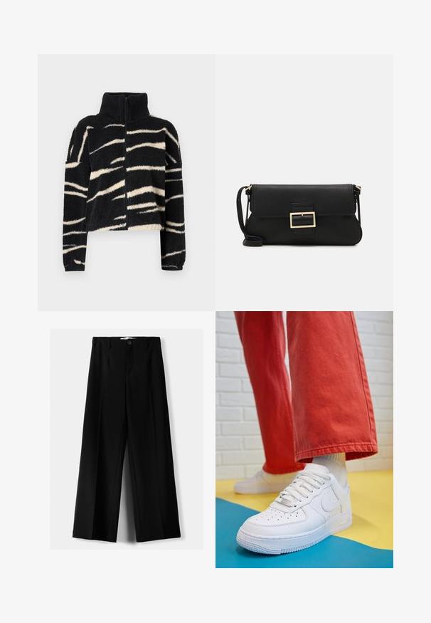 Černá a krémová, chlupatá bunda na zip s vysokým límcem; má vzor odvážných, vlnitých pruhů a lemování na rukávech. Měkká textura.; Bílý bezrukávový top vyrobený z ribbed látky, s kulatým výstřihem a přiléhavým střihem, s minimem švů a bez ozdob.; Černé široké kalhoty z lehkého materiálu s předním zapínáním na knoflík a hladkým předním dílem, s pečlivě přišitými lemy.; Bílé kožené tenisky s perforovanou špičkou, texturovanou podešví a bílými tkaničkami, v kombinaci s širokými červenými kalhotami a modro-žlutým pozadím.; Černá kožená psaníčko s klopou a zlatým kovovým detailním sponou. Součástí je černý popruh a elegantní, minimalistický design.