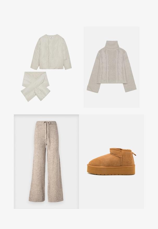 Giacca imbottita beige con collo rotondo, maniche lunghe e una sciarpa abbinata a forma di croce, realizzata in un tessuto liscio e leggermente lucido.; Maglione a collo alto in maglia grigia chiara, con polsini a costine e con motivi a treccia texture lungo la schiena e i lati.; Pantaloni beige a gamba larga realizzati in tessuto a maglia testurizzata, con vita regolabile e vestibilità comoda.; Stivali ankle in suede marrone con punta tondeggiante, design a taglio basso e suola in gomma testurizzata con un leggero plateau e un occhiello per il sollevamento.