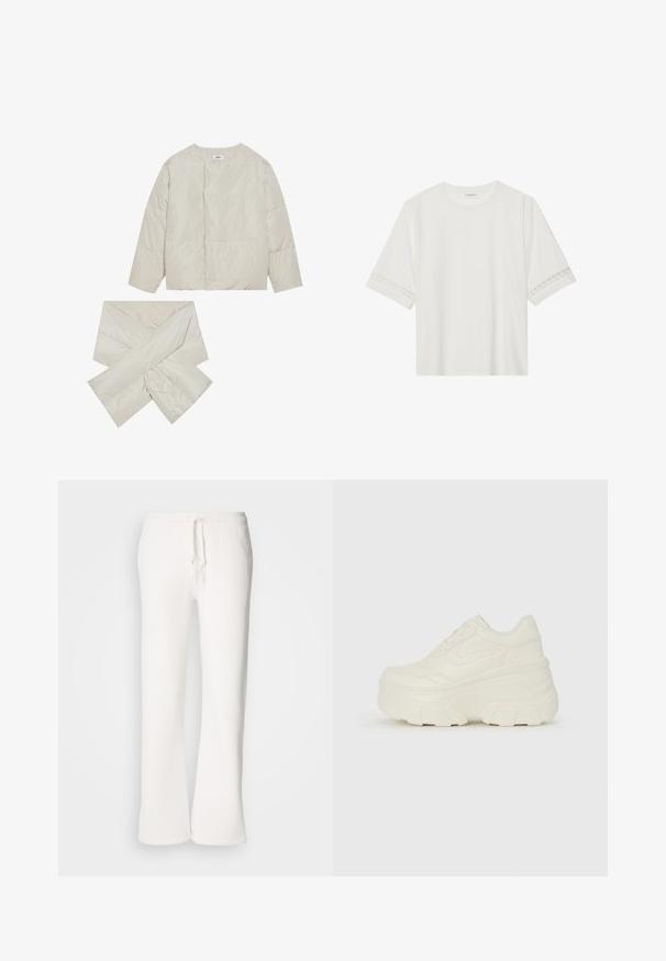 Casaco bege acolchoado com decote redondo, mangas compridas e um lenço coincidente em forma de cruz, feito de um tecido liso e ligeiramente brilhante.; T-shirt branco de manga curta feito de algodão, com bainha de renda decorativa nas mangas e decote redondo.; Calças de fato brancas, de corte descontraído, feitas de um tecido macio, com um cós elástico e um cordão de ajuste, apresentando um design de pernas retas.; Tênis brancos de plataforma com um cabedal suave semelhante a couro, formato arredondado, colarinho acolchoado e sola de borracha texturizada com ranhuras bem definidas.