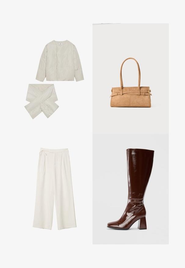Padded bež jakna s okruglim izrezom, dugim rukavima i odgovarajućim maramom u obliku križa, izrađena od glatkog, blago sjajnog materijala.; Rjava kratka majica s kratkimi rokavi iz mehkega materiala, s krožnim izrezom in ohlapnim krojem. Brez vidnih vzorcev ali dodatkov.; Široke hlače iz off-white tkanine z gladko teksturo. Imajo zavezan pas in nagubano sprednjo stran, zasnovane za sproščen fit.; Bordeaux visoke škornje iz paten usnja z kvadratnim nosom, sijajno zaključno obdelavo in masivnim peto za stabilnost. Brezšiven dizajn brez vidnega okovja.; Torba iz bež sued kožne teksture z dvema dolgima ročajema, pravokotne oblike in okrasnim šivanjem. Ima stranski trak in subtilne zlate detajle.