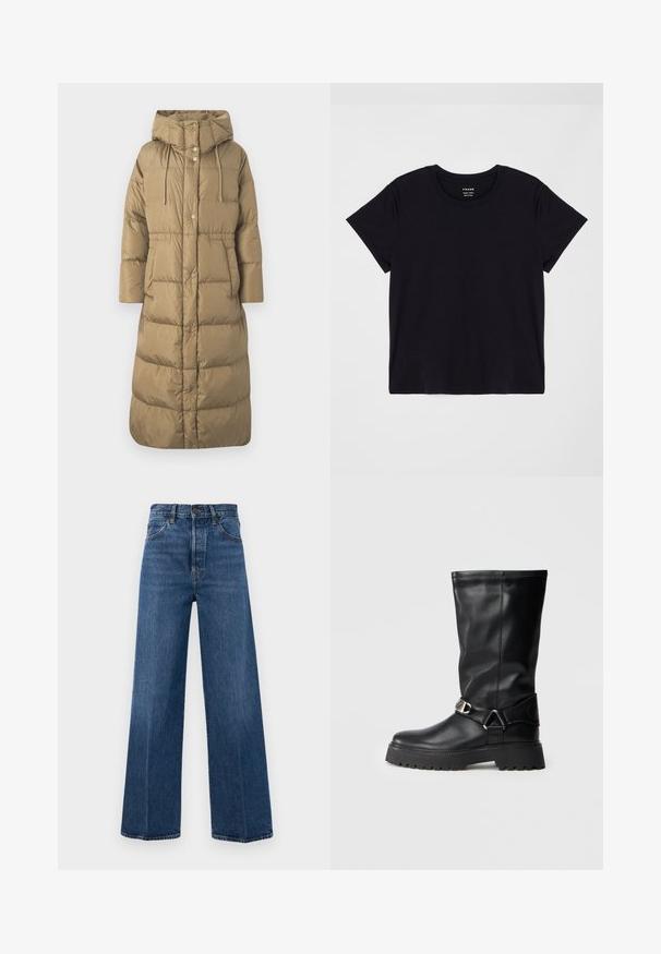 WEEKEND MaxMara DOLLY - Down coat - cammello; Black short-sleeve t-shirt made of soft cotton. Classic round neck design with a simple, unembellished surface and a relaxed fit.; Wide-leg blue jeans made of denim with a high waist, front pockets, and contrast stitching. The fabric has a smooth texture.; Black knee-high boots made of smooth leather, featuring a buckle accent on the side and a thick, textured sole for grip.