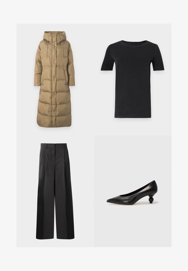 WEEKEND MaxMara DOLLY - Down coat - cammello; Black short-sleeve t-shirt made of soft cotton, with a round neckline and a classic fit. Smooth texture, no patterns or embellishments.; Black wide-leg trousers with a high waist, featuring front pleats, a smooth texture, and a tailored finish. Designed for a relaxed fit.; Black leather high heel shoe with a pointed toe and a round, balled heel. Smooth texture with a sleek, minimal design.
