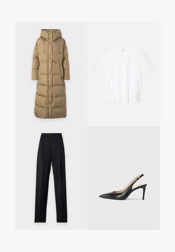 Weekend Max Mara DOLLY - Down coat - cammello; White cotton t-shirt with short sleeves, round neckline, relaxed fit, and stitched hem. Label visible on the inside neck.; Black trousers made from smooth fabric featuring a high waist, wide legs, front pleats, and classic belt loops. No side pockets visible.; Black leather slingback high heels with a pointed toe, adjustable strap, and a sleek stiletto heel, featuring a smooth finish.