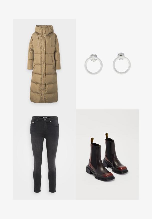 WEEKEND MaxMara DOLLY - Piumino lungo - cammello; Even&Odd Petite 2 PACK - Top - light grey/black; Jeans skinny neri in denim. Presentano una chiusura frontale con bottone e una tasca con zip in vita. Texture liscia con minima scoloritura.; Dr. Martens MAYBOLE CHELSEA - Stivaletti con plateau - black/cherry red; Orecchini a cerchio in metallo argento con finitura spazzolata, caratterizzati da un design circolare e un gancio trasparente sul retro per una vestibilità sicura.
