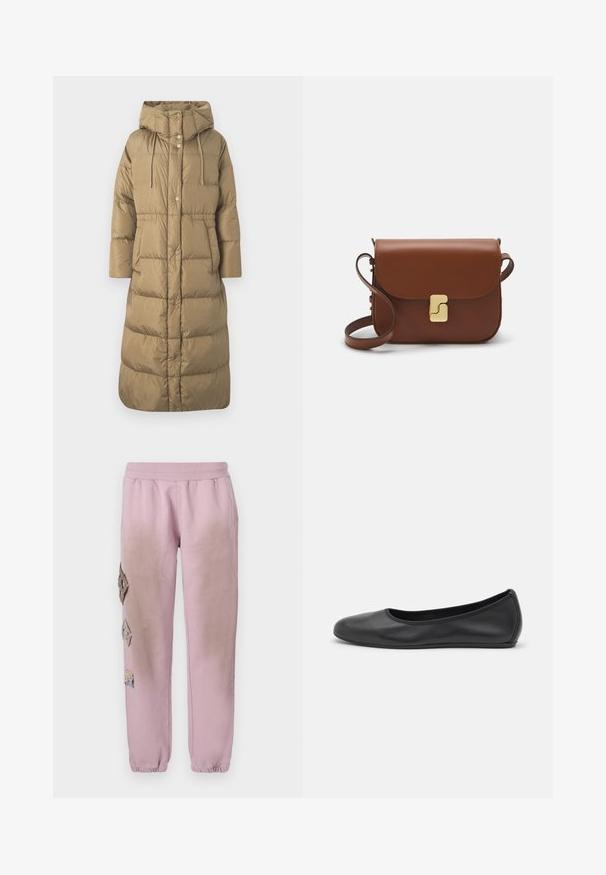 WEEKEND MaxMara DOLLY - Donsjas - cammello; Witte korte mouwen t-shirt van ribstof. Ronde halslijn, normale pasvorm en subtiele stiksels. Geen patronen of grafische elementen.; Roze sweatpants met een elastische tailleband, voorzien van decoratieve patches in ruitvorm aan de linkerkant en elastische boorden bij de enkel.; Zwarte leren ballerina met een ronde neus, gladde textuur, minimale stikdetails en een flexibele zoolontwerp.; Bruine leren handtas met een klep sluiting, gouden hardware, een schouderband en een gladde textuur. Compact rechthoekige vorm.