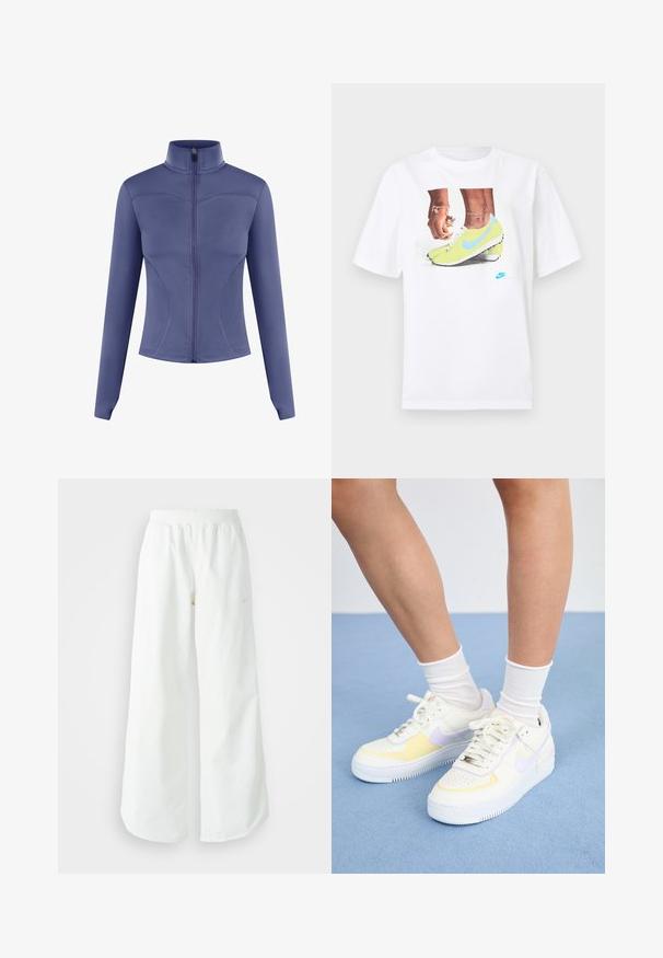 Purple athletic jacket with a high collar, full front zipper, long sleeves, and curved seam details. Made from smooth, stretchy fabric.; White cotton t-shirt featuring a graphic of feet in yellow Nike cleats with blue accents, paired with a bracelet on the left wrist.; White wide-leg athletic pants with a ribbed waistband and subtle logo detail. Smooth fabric with a relaxed fit and tapered hem.; White leather sneakers with yellow and lavender accents, round toe, flat laces, and textured rubber sole. Worn with white socks.