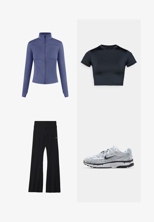 Fialová sportovní bunda s vysokým límcem, plným předním zipem, dlouhými rukávy a zakřivenými švy. Vyrobena z hladkého, elastického materiálu.; Krátké tričko s krátkým rukávem ve tmavě námořnické modři, vyrobené z hladké elastické látky. Má kulatý výstřih a minimální švy. Žádné viditelné loga.; Černé rozšířené kalhoty z elastického materiálu, s širokým pasem a malým logem na kyčli. Hladká textura a design na celou délku.; Tenisky Nike P-6000 s lehkou šedou síťovinou, černými akcenty a odolnou černou gumovou podrážkou. Vyznačují se složitým designem a systémem šněrování.