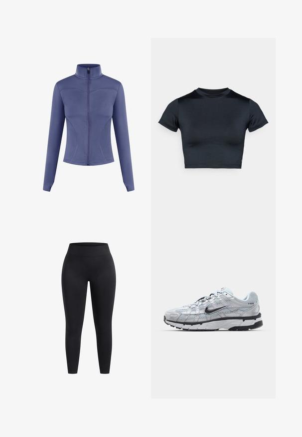 Purple athletic jacket with a high collar, full front zipper, long sleeves, and curved seam details. Made from smooth, stretchy fabric.; Short-sleeve cropped top in dark navy, made of smooth, stretch fabric. Features a round neckline and minimal stitching details. No logos visible.; High-waisted black leggings made of stretchy fabric, featuring a smooth surface and ankle-length fit. No patterns or visible hardware details.; Nike P-6000 sneakers with a light grey mesh upper, black accents, and a durable black rubber sole. Features intricate design and lacing system.