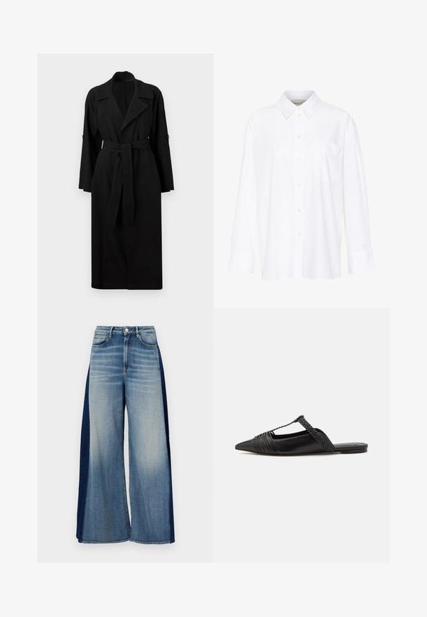 Black trench coat made of lightweight fabric, featuring a collar, long sleeves, front tie belt, and button accents on sleeves.; White long-sleeve collared shirt made of cotton. Features a button-down front and a single chest pocket. Smooth texture, relaxed fit.; Wide-leg denim jeans featuring a two-tone design, light blue front and dark blue side panels, with a classic waistband and a button closure.; Black leather slingback shoe with a pointed toe, featuring a woven accent and pleated upper design. Flat sole with minimal hardware.