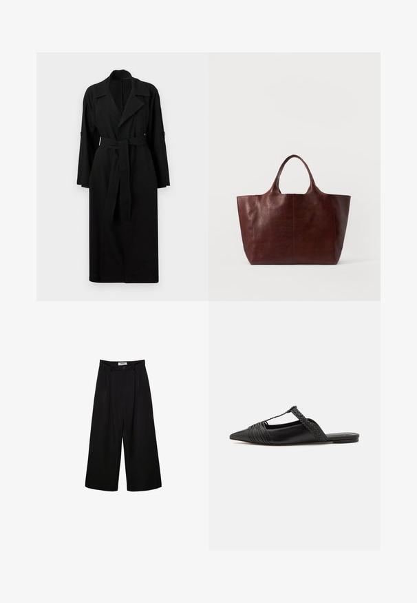 Czarny trench z lekkiego materiału, z kołnierzem, długimi rękawami, wiązaniem z przodu oraz guzikami na rękawach.; Biała, długosleeve'owa koszula z kołnierzykiem, wykonana z bawełny. Posiada zapięcie na guziki z przodu oraz jedną kieszeń na piersi. Gładka tekstura, luźny krój.; Czarne spodnie szerokie nogawki z wysokim stanem, z plisowanym przodem i zapięciem na guzik. Wykonane z gładkiego materiału o dopasowanym kroju.; Czarny skórzany but na odkrytej pięcie z pointed toe, ozdobiony plecionym akcentem i plisowanym wzorem górnej części. Płaska podeszwa z minimalnymi elementami.; Brązowa skórzana torba typu tote o gładkiej fakturze, szerokim korpusie i dwóch krótkich uchwytach. Charakteryzuje się minimalnym przeszyciem, bez widocznych elementów metalowych czy dekoracyjnych.