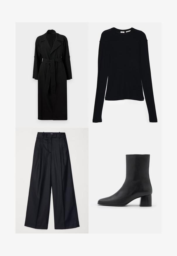 Mustat trench-viitot, jotka on valmistettu kevyestä kankaasta, jossa on kaulus, pitkät hihat, edessä solmittava vyö ja napit hihassa.; Mustat pitkät hiharatoppi, joka on valmistettu pehmeästä kankaasta. Topissa on pyöreä pääntie ja rento istuvuus, jossa on sivuhalkiot helman kohdalla liikkumisen helpottamiseksi.; Musta leveälahkeinen housut, jotka on valmistettu sileästä kankaasta. Niissä on korkea vyötärö, laskoksia ja räätälöity muotoilu. Yksinkertaiset mustat metalliosat vyötäröllä.; Mustat nahkasaappaat nilkkakorkeudella, joissa on terävä kärki ja tukeva neliön muotoinen korko. Sileä pinta, saumaton muotoilu ja minimalistinen ommel.