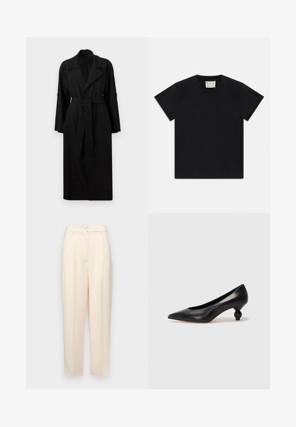 Schwarzer Trenchcoat aus leichtem Stoff, mit Kragen, langen Ärmeln, vorderem Bindegürtel und Knopfakzenten an den Ärmeln.; Schwarzes Kurzarm-T-Shirt mit Rundhalsausschnitt und einem weißen Etikett im Kragen, darauf steht "D.R.C. EST. 2002", vor einem weißen Hintergrund.; Beige maßgeschneiderte Hose mit geradem Schnitt, mit Falten an der Vorderseite, einer glatten Textur und einer mittelhohen Taille. Keine sichtbaren Taschen.; Schwarze Leder-Pumps mit spitzem Zehenbereich und runder, ballförmiger Ferse. Glatte Textur mit einem eleganten, minimalistischen Design.
