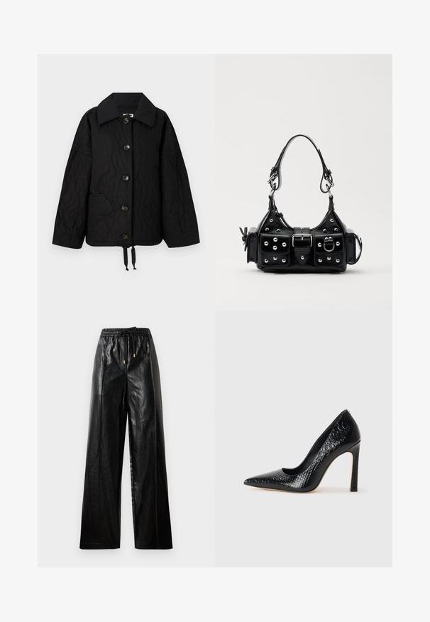 Giacca nera trapuntata con ampio colletto, chiusura a bottoni, tasca frontale con dettaglio in piping e cordoncino regolabile all'orlo.; Top corto nero con motivo a ripetizione del logo MK bianco, scollatura rotonda e spalline larghe. Tessuto liscio.; Pantaloni ampi in pelle nera con cintura elastica, cordoncino e accenti in metallo dorato. Texture liscia e vestibilità ampia.; Scarpa nera con punta a punta alta in pelle di coccodrillo, caratterizzata da un design elegante, alto tacco a spillo e interno nero liscio.; Borsa a mano in pelle nera con design curvo, caratterizzata da borchie argentate, una fibbia e due tasche laterali. Tracolla regolabile per diverse opzioni di trasporto.