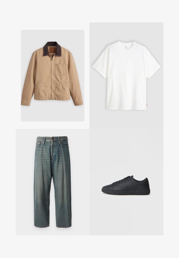 Barna kordbársony gallérral ellátott, világosbarna pamut dzseki, cipzáras záródással és két ívelt elülső zsebbel; mellzsebbe és texturált anyagú kialakítással rendelkezik.; Fehér, rövid ujjú pamut póló, kerek nyakkivágással. Az elülső részen finom, domború logós részlet található, valamint egy piros cimke az alsó szegélyen.; Világoskék farmernadrág, laza fazonnal, közepes derékbőséggel és egyenes szárral. Öt zsebet, övbucskát és gombos záródást tartalmaz.; Fekete sportcipők sima bőrből, alacsony szárú kivitelben, kerek orral és lapos gumitalppal. Zsinóros rögzítéssel és diszkrét márkajelzéssel rendelkezik.