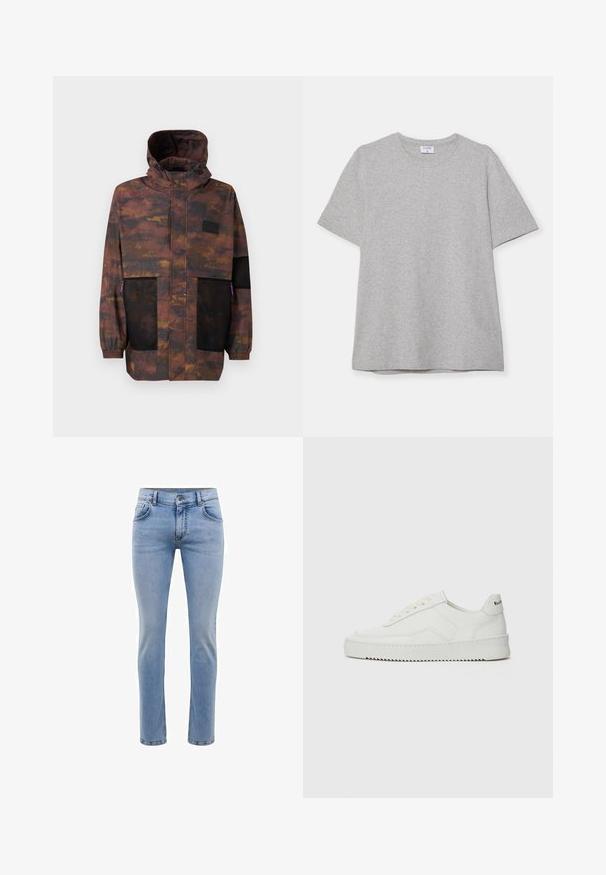 Ūdensizturīga jaka brūnā un melnā kamuflāžas rakstā. Aprīkota ar sietveida kabatām un ar auklu regulējamu kapuci. Viegls, ar elastīgām aprocēm.; Pelēks īsā piedurkņu T-krekls, kas izgatavots no mīkstas, teksturētas auduma. Tam ir klasiskā apļa kakla izgriezums un taisna apakšmalā, piemērots ikdienas valkāšanai.; Gai zila denima bikses ar šauru piegriezumu, piecām kabatām un taisnu kāju dizainu. Iekļautas rāvējslēdzēju aizdare un jostas cilpas. Mīksta tekstūra.; Baltas ādas sneakers ar gludu virsmu, apaļu pirkstu daļu, plakaniem šņorēm un teksturētu zoli. Satur diskrētu logotipu uz papēža.