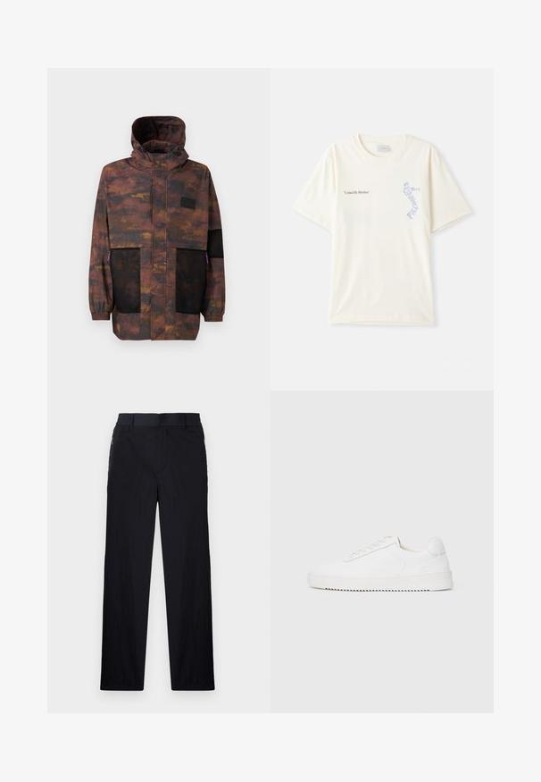 Casaco à prova de água com um padrão de camuflagem em castanho e preto. Apresenta bolsos em malha e um capuz com cordão. Leve, com punhos elásticos.; T-shirt de algodão branca com mangas curtas, apresentando o texto "United By Rhythm" em gráfico preto e azul no peito. Design de gola redonda.; Calças pretas com um tecido leve e texturizado, design de pernas retas, cintura elástica e bolsos laterais com fecho.; Sapatilha branca com um cabedal de couro suave, bico arredondado, atacadores, detalhes texturizados nas laterais e uma sola de borracha grossa. Design minimalista.